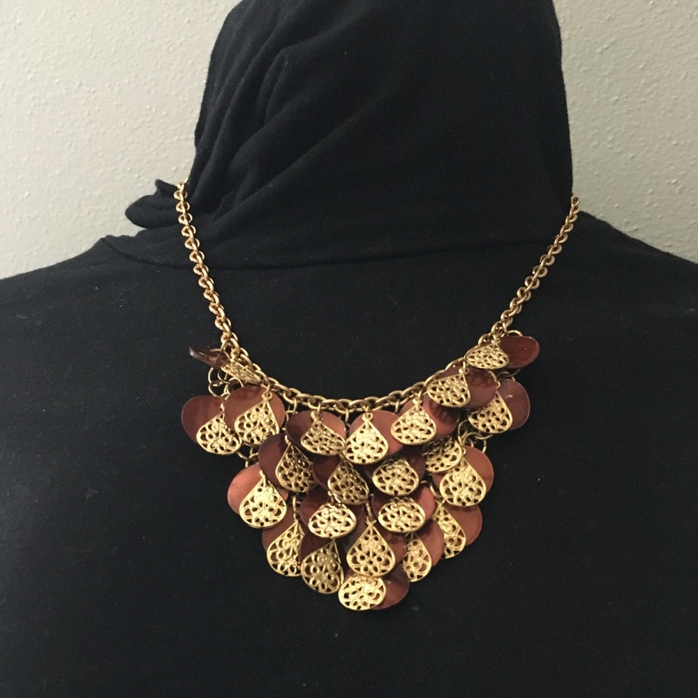 Gold Chain Necklace with Coral-Orange Teardrop Charms - Women's Jewelry